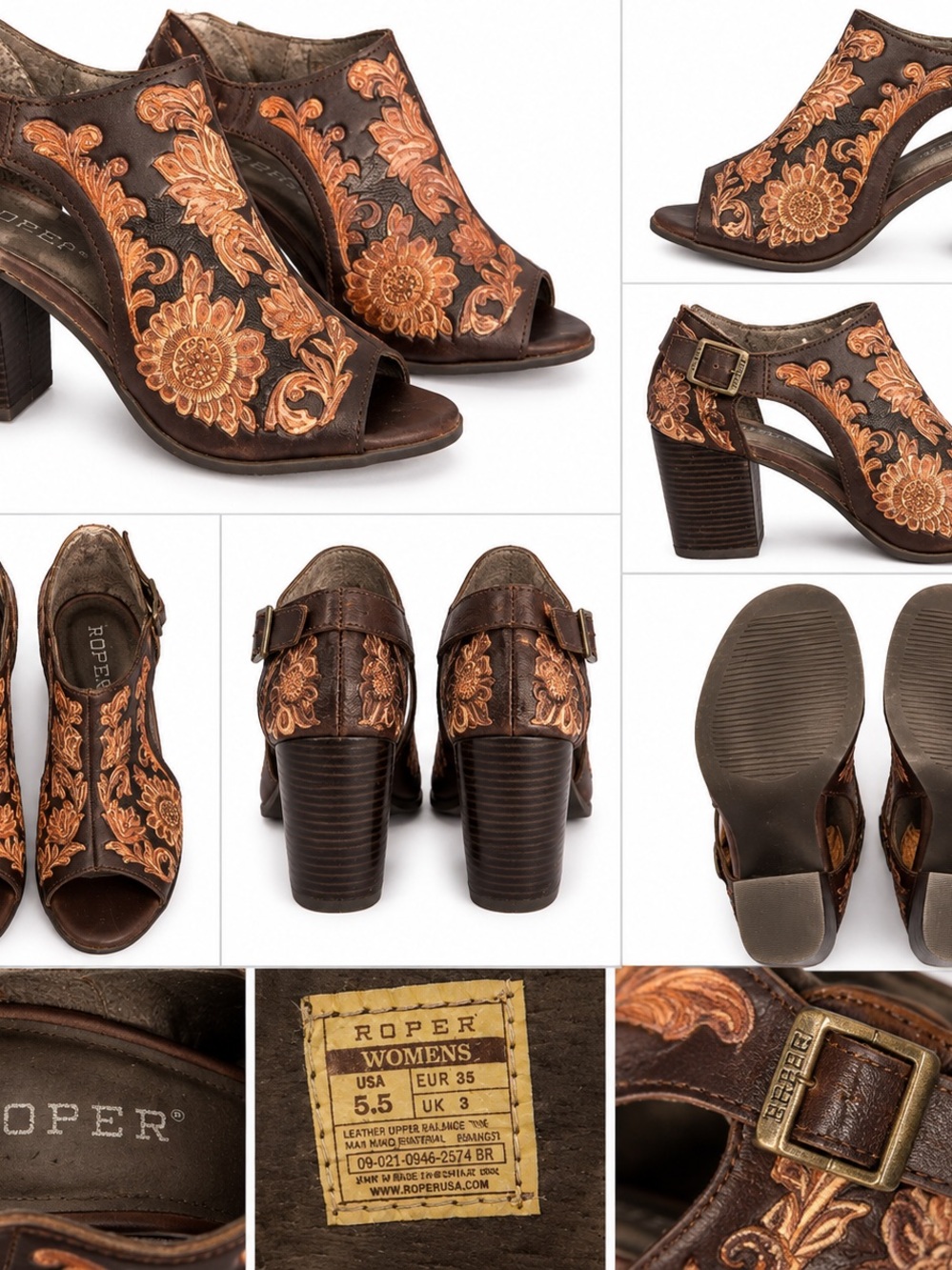 Roper Women’s 5.5 Brown Leather Floral Embroidered Western Heels